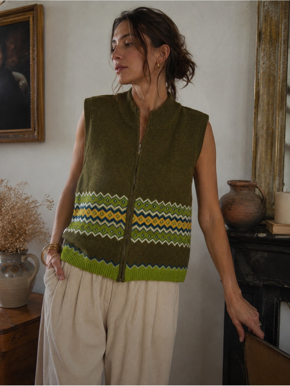 Liz Claiborne Olive Green Zip Up Knit Vest Fair Isle Wool Blend Large Fall